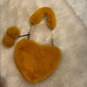 Charming Furry Heart Kids Bag in Mustard